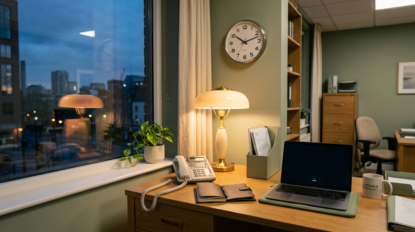Evening small business desk with phone — after-hours call coverage and professionalism