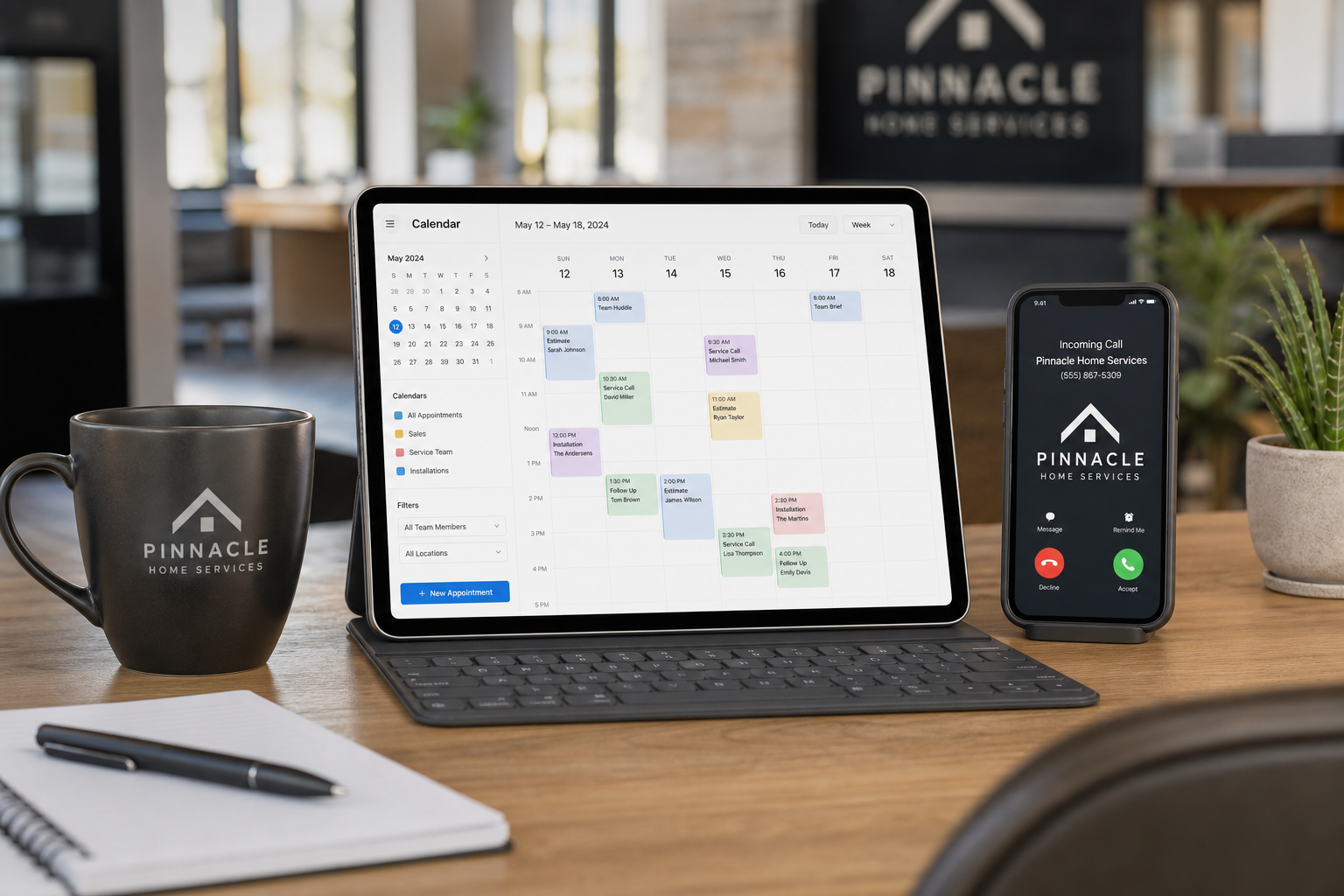 Small business desk with phone and calendar — AI front desk appointment booking and call routing