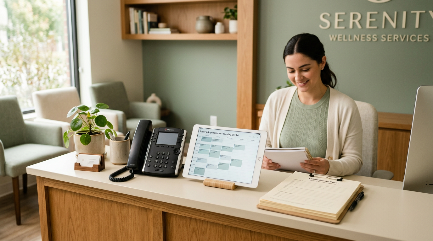 Modern service business front desk with phone and scheduling — AI front desk workflow