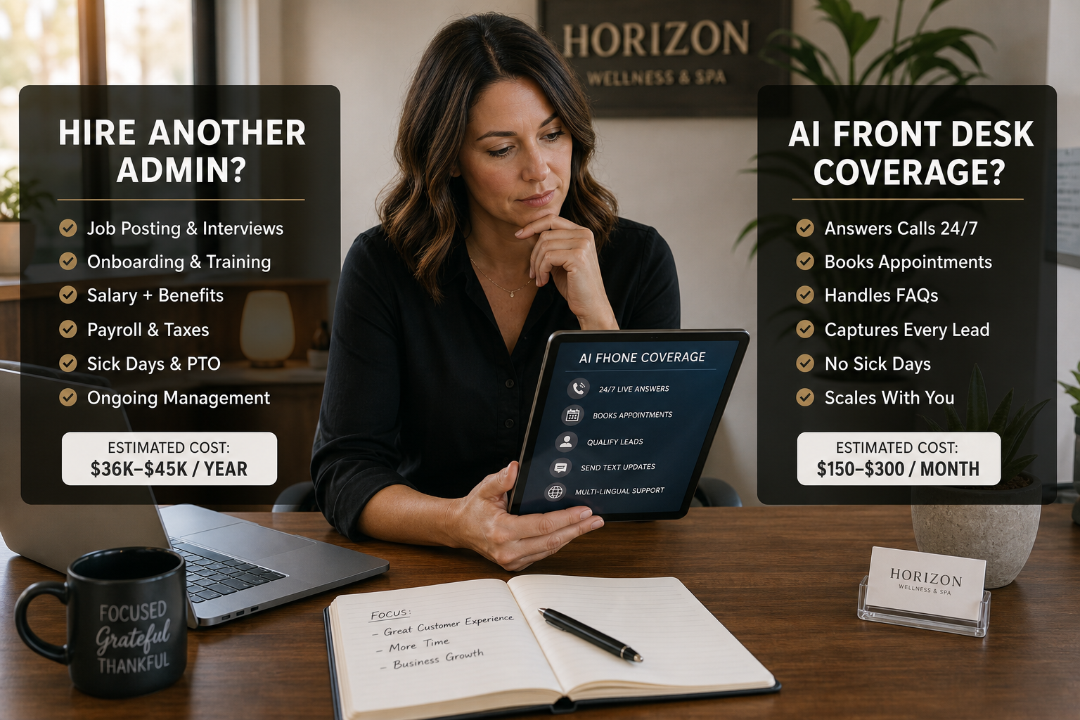 Small business owner comparing AI front desk coverage versus hiring another admin for phone and intake