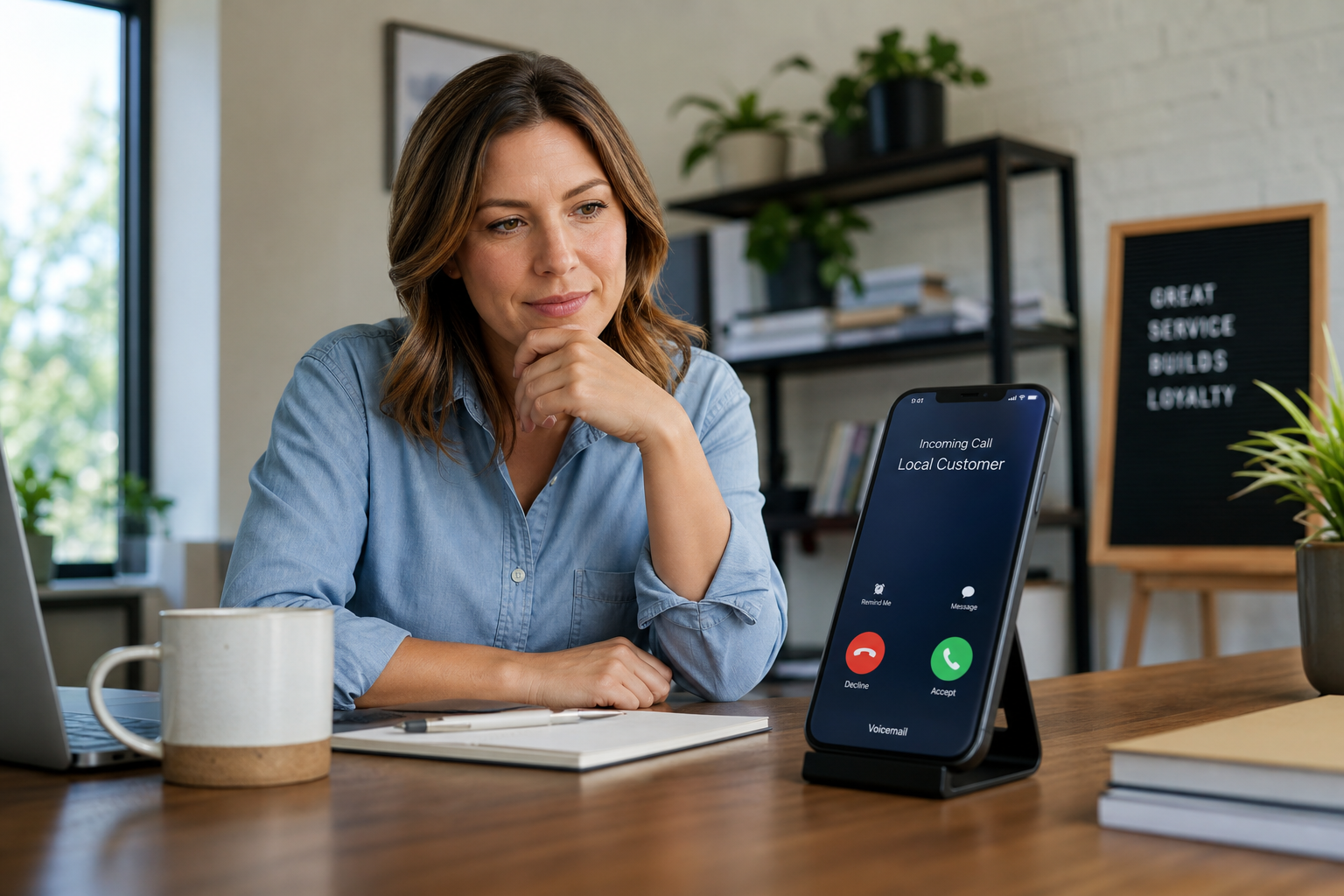Small business owner deciding between voicemail and live AI front desk call coverage