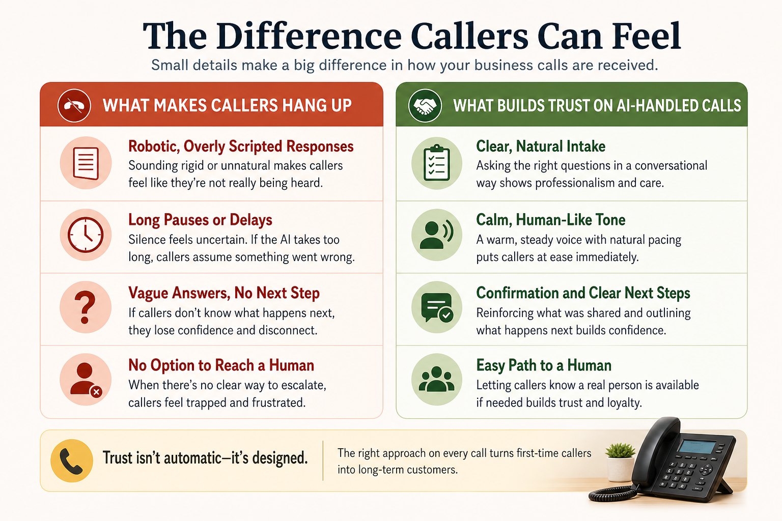 AI voice agent trust factors versus robotic caller experience — what makes customers stay or hang up