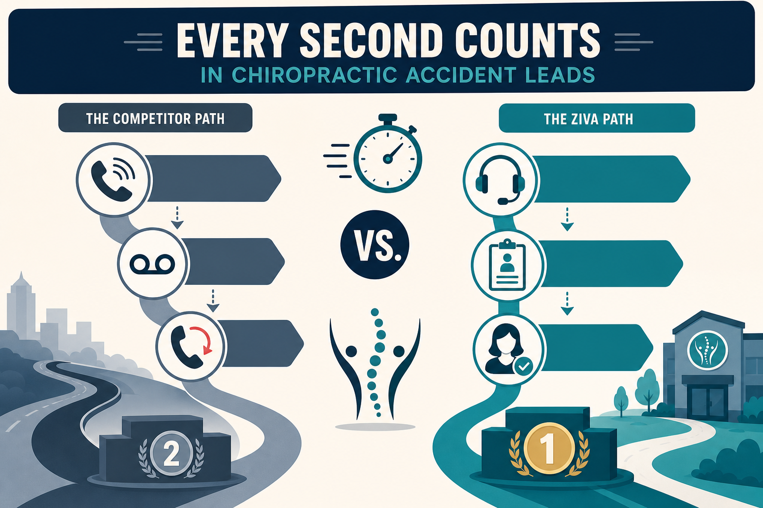Chiropractic injury lead flow — first live answer captures intake voicemail loses to competitor