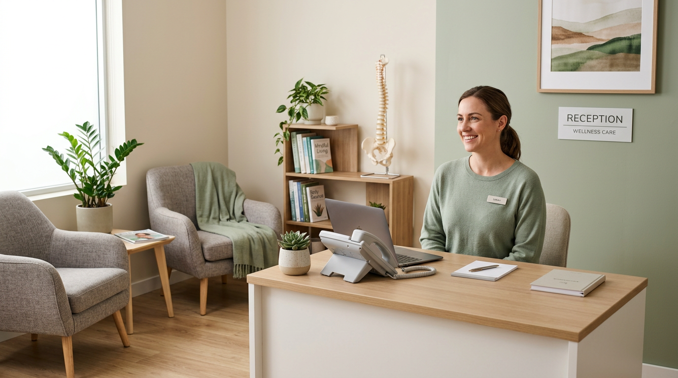 Chiropractic office reception desk and phone — AI front desk for patient calls