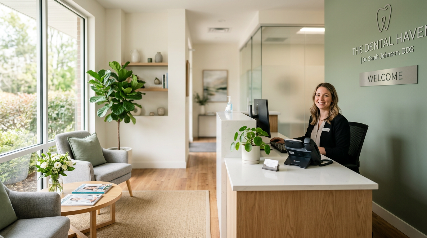 Dental practice reception desk — AI front desk for scheduling and patient calls