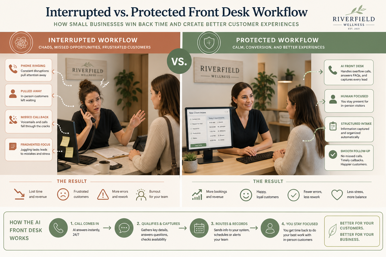Front desk interruption workflow versus protected coverage — how phone overload drains revenue and service quality