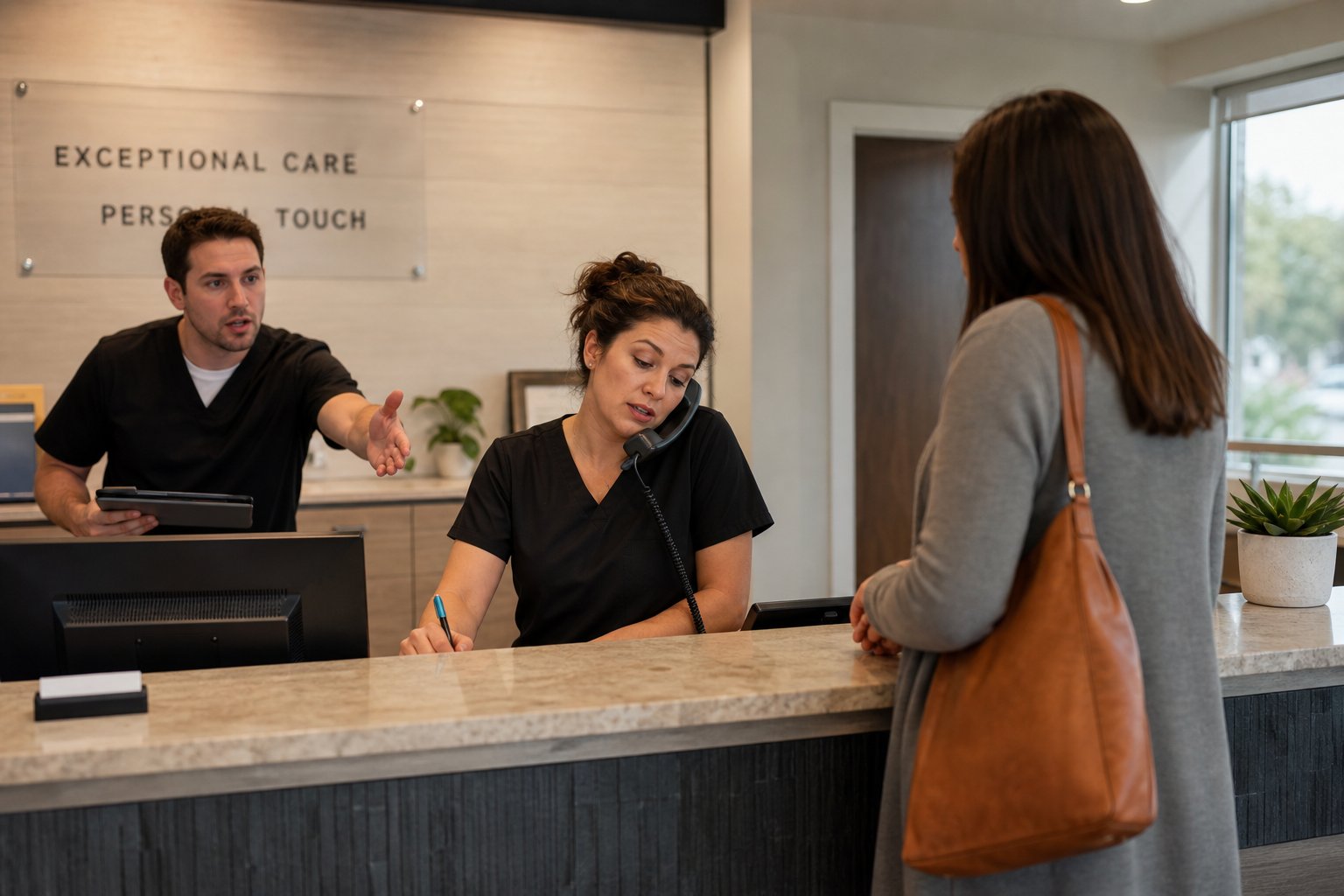Small business front desk staff juggling phone calls and in-person customers — hidden cost of interruptions