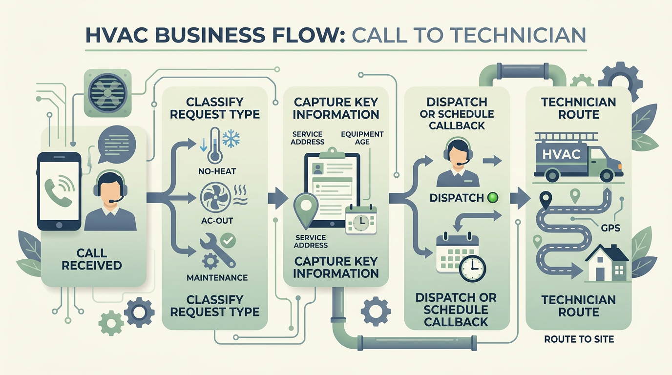 HVAC call triage flow — emergency versus maintenance scheduling and technician follow-up