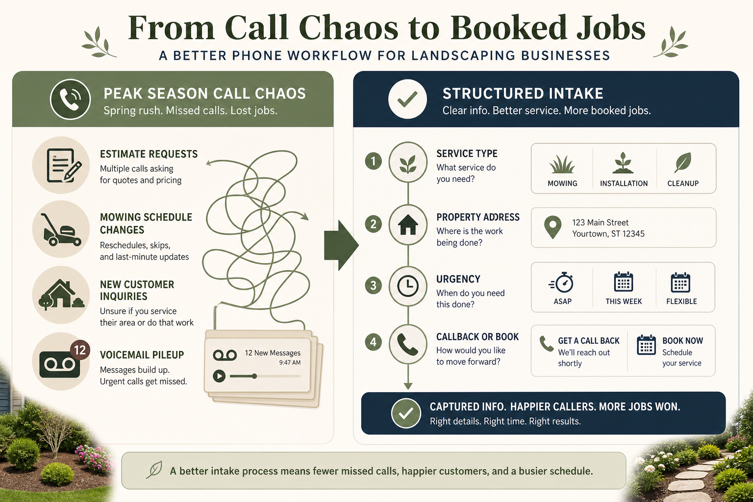 Landscaping call intake flow — estimate requests, recurring service changes, and crew scheduling handoff
