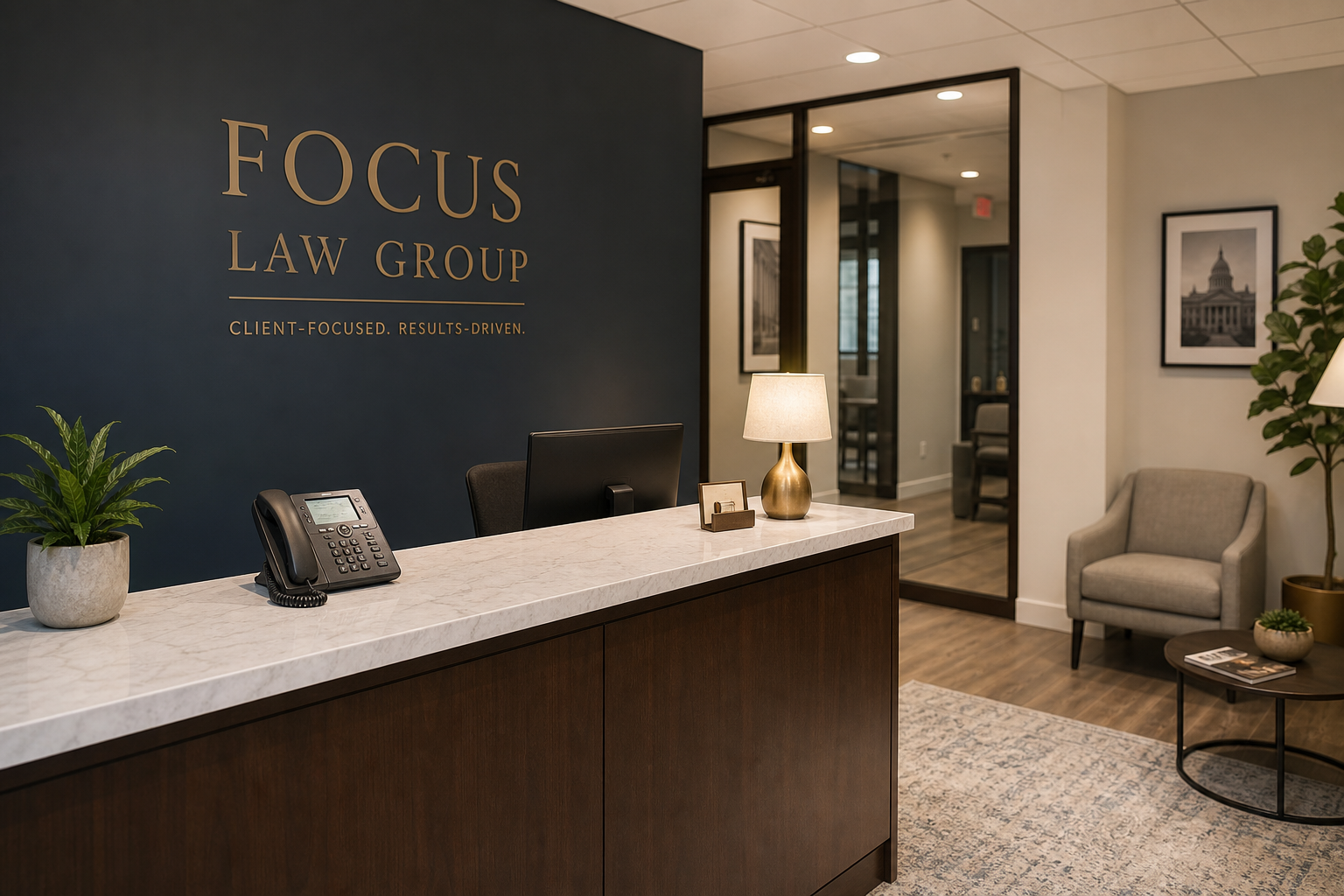 Law firm reception area — AI front desk for new client intake and consultation scheduling