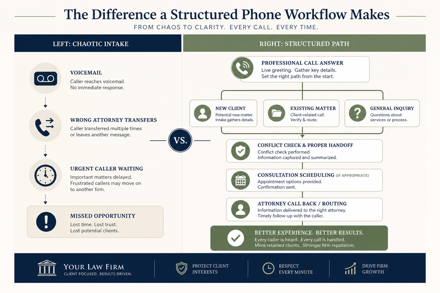 Law firm call routing flow — new client intake, existing matter routing, and consultation scheduling handoff