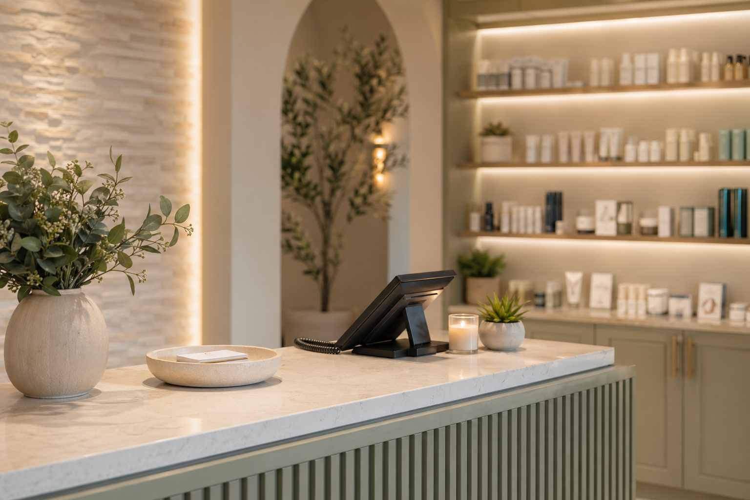 Med spa reception area — AI front desk for client calls and consultation booking