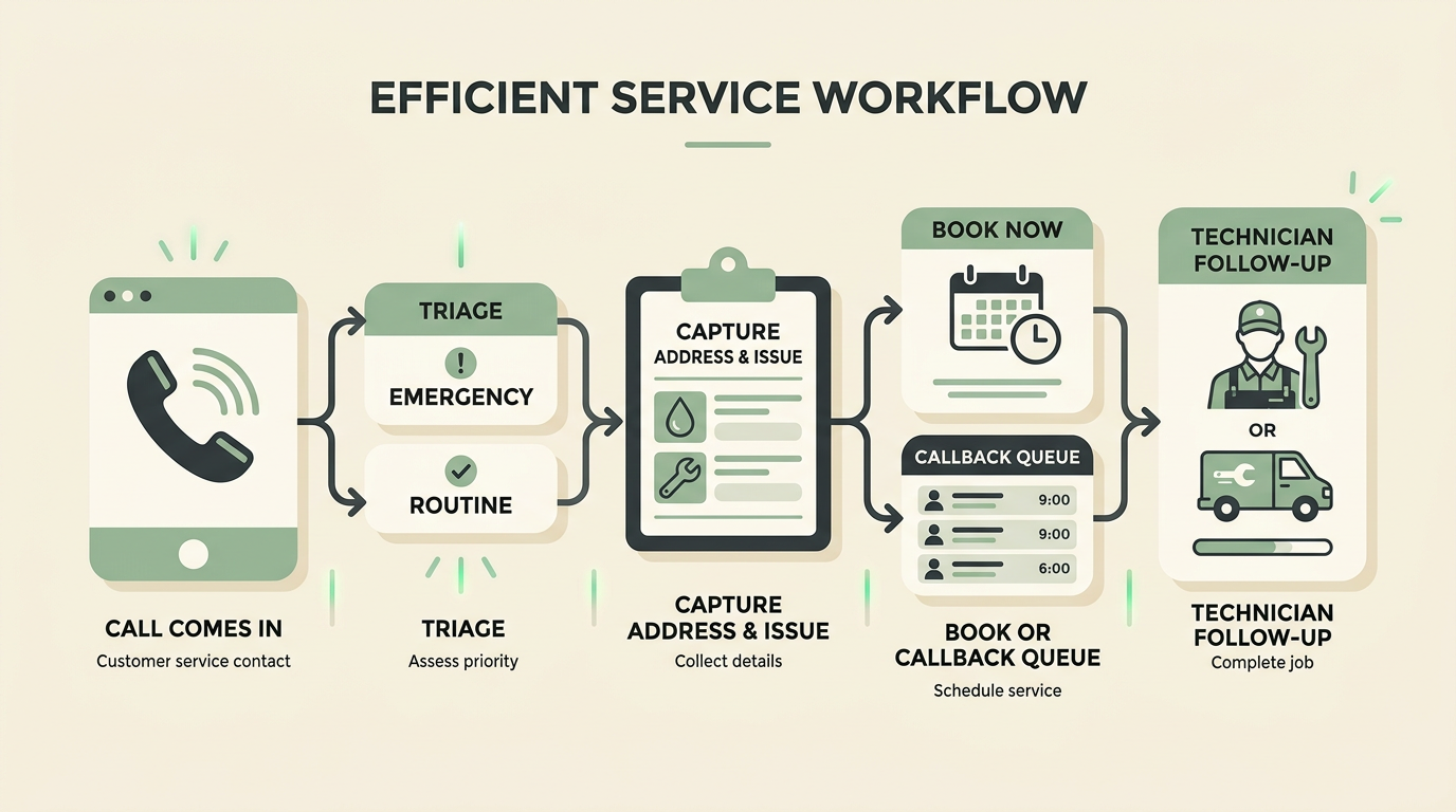 Plumbing call triage flow — emergency versus routine booking and follow-up