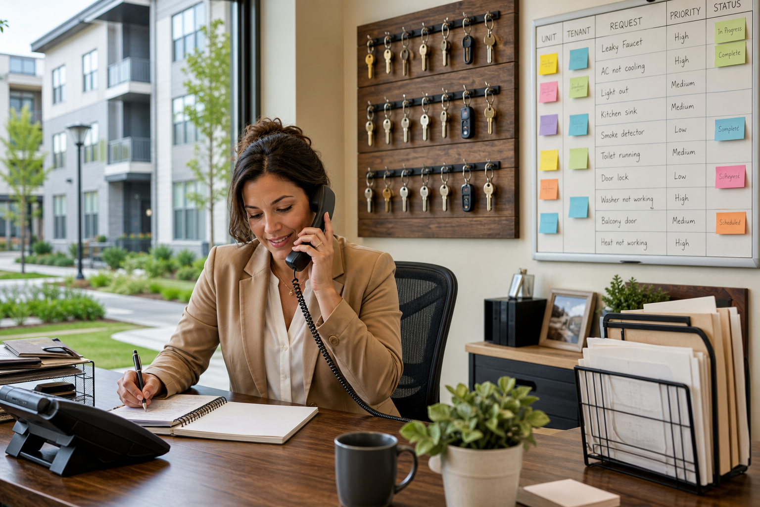 Property manager handling tenant calls — AI front desk for maintenance intake, leasing leads, and after-hours messages