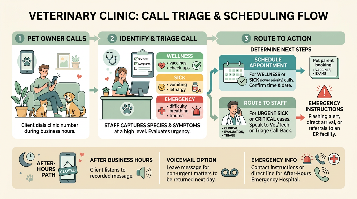 Veterinary pet owner call flow — triage scheduling and staff follow-up