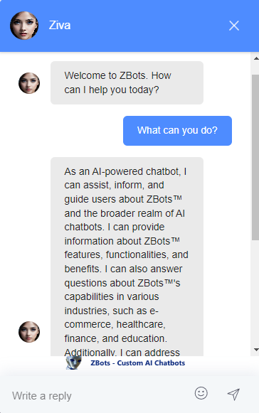 Ziva-ai-chat-bot-answering-the-question-what-can-you-do